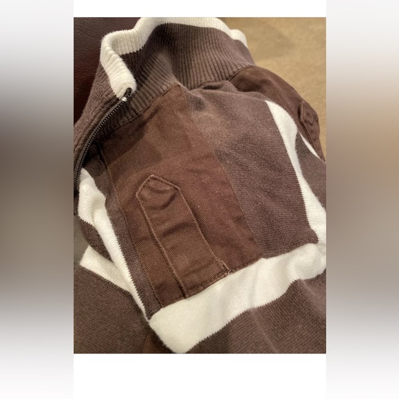 BROWN GUESS USA cream striped Sweater full ZIP up Pockets mock neck mens large L - Picture 9 of 16